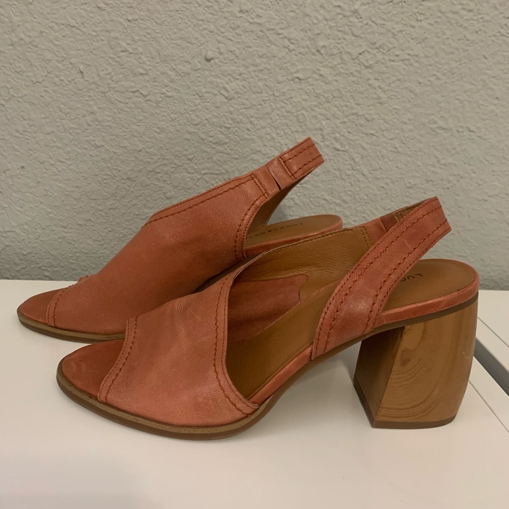 Lucky Brand Coral Leather Slingback Block Heel Sandals